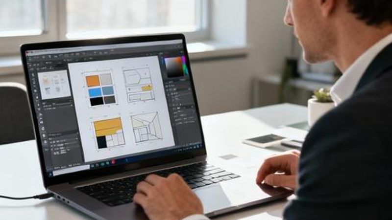 Product manager reviewing design mockups on laptop with design tools interface visible