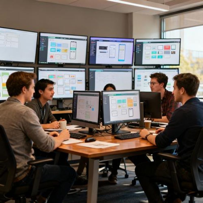 Team collaboration session with ProtoPie prototypes on multiple screens