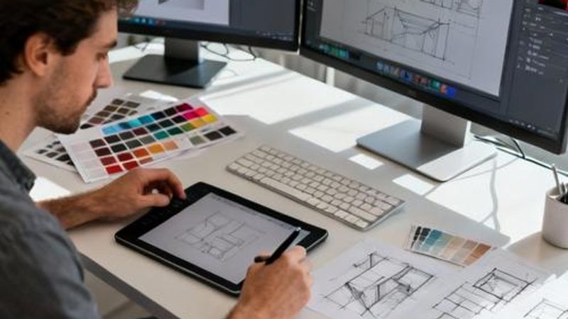 Mid-level designer working with multiple design tools on desk setup