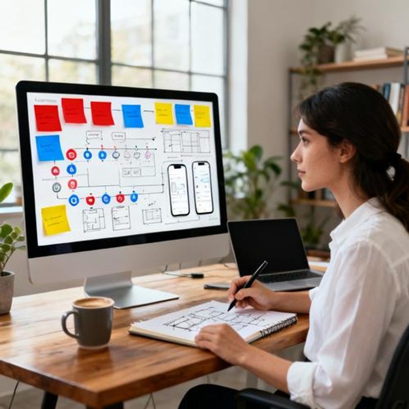 Designer using digital whiteboard with sticky notes and wireframes for user experience mapping