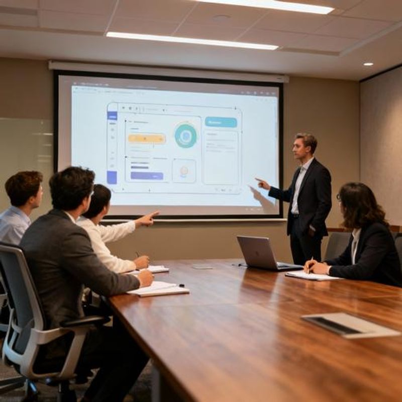 Manager presenting ProtoPie prototype to stakeholders in meeting room