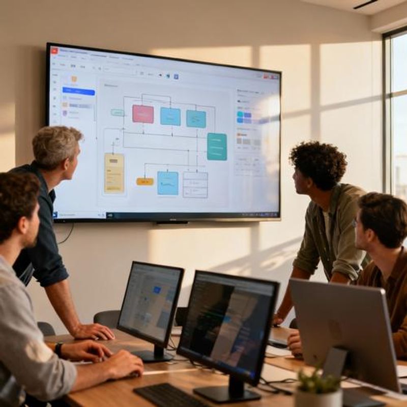 Team of product managers and designers collaborating around a large monitor displaying interactive prototypes
