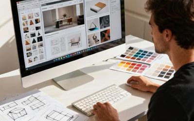 Designer browsing UI inspiration on multiple design platforms displayed on modern workspace setup