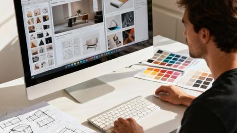 Designer browsing UI inspiration on multiple design platforms displayed on modern workspace setup