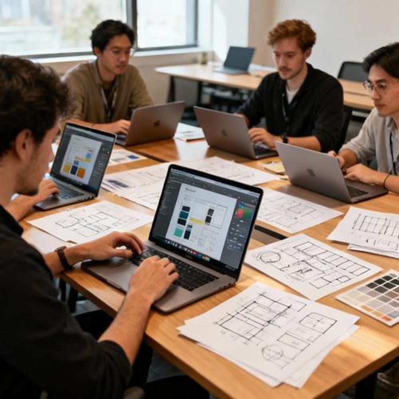 Team meeting around a table with laptops and design sketches displaying collaborative workflow