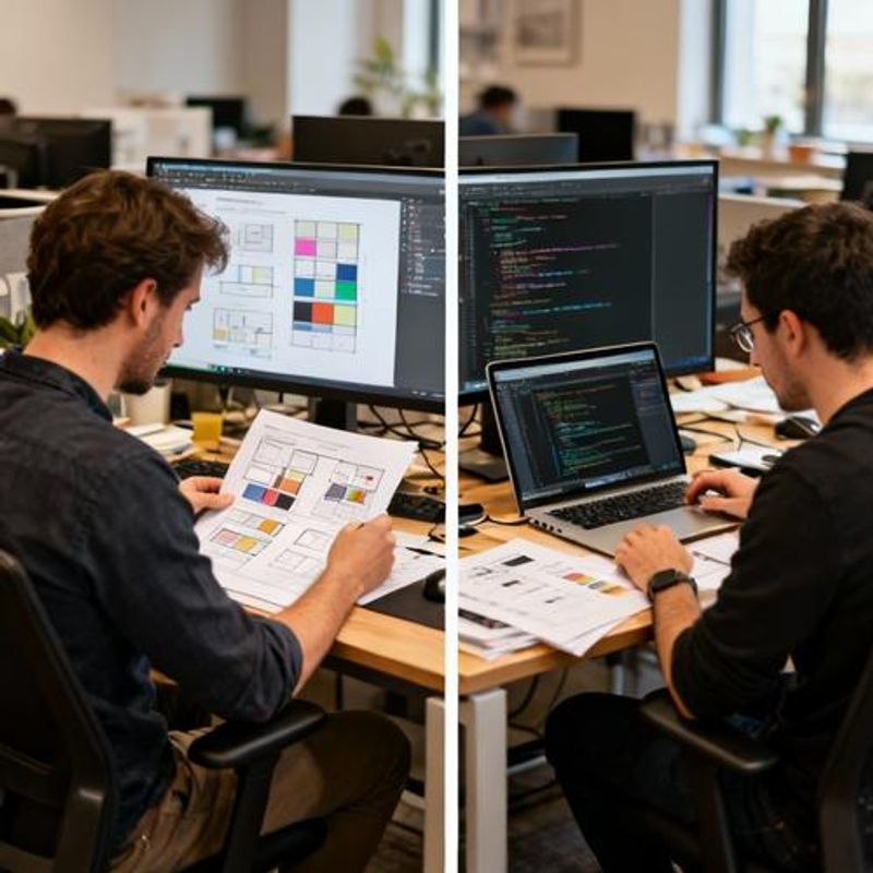 Split screen showing design handoff process with designer and developer reviewing specifications