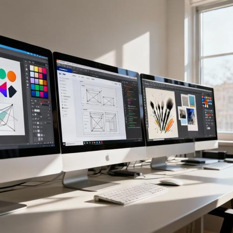 Various design tools and software interfaces displayed on multiple screens