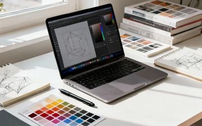 A well-organized designer's desk with laptop, stylus, color swatches, and design books