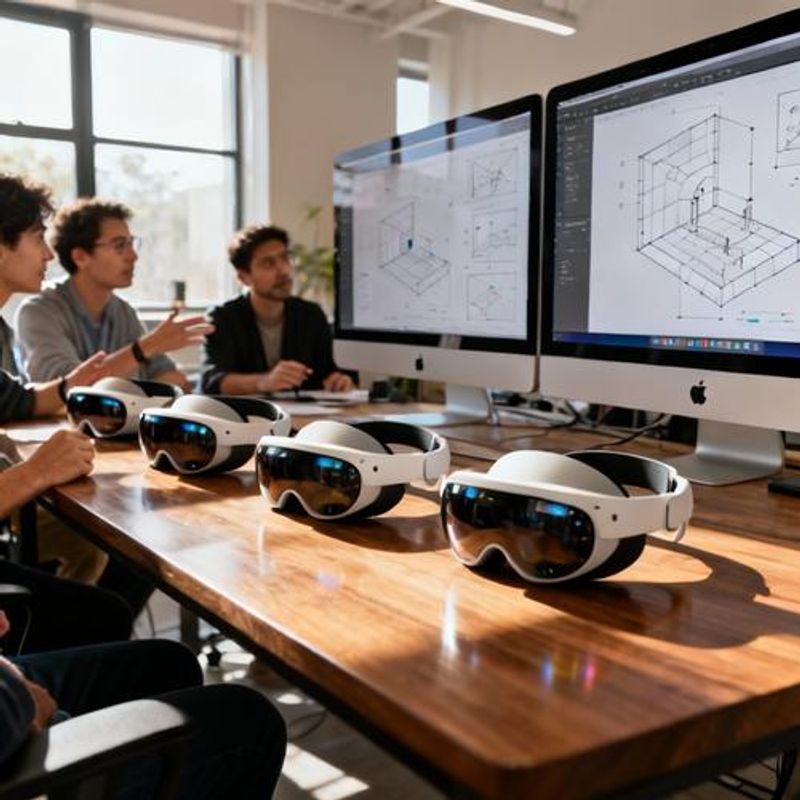 Design team collaborating on spatial interface prototypes using Apple Vision Pro