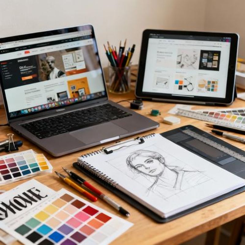 Collection of design tools and resources displayed on desk with tablet and smartphone