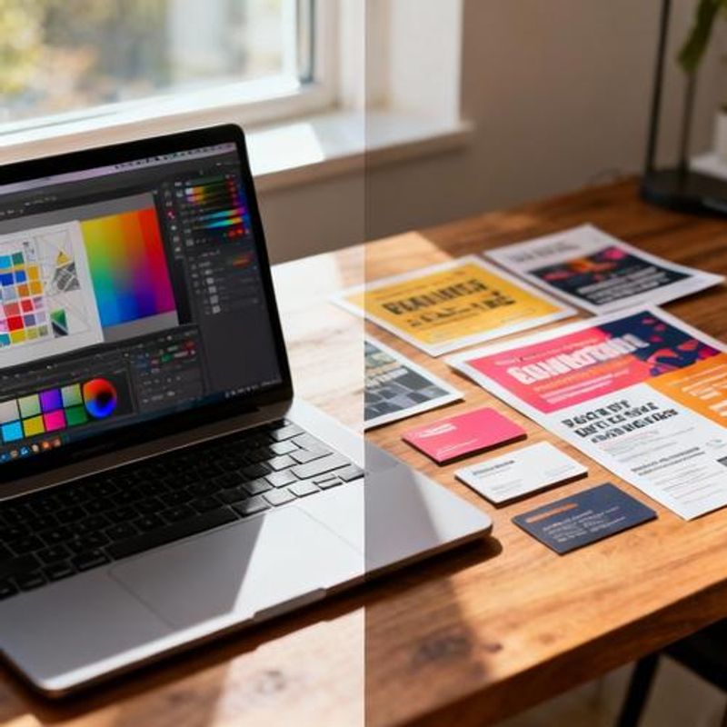 Split screen showing design software interface and printed design materials
