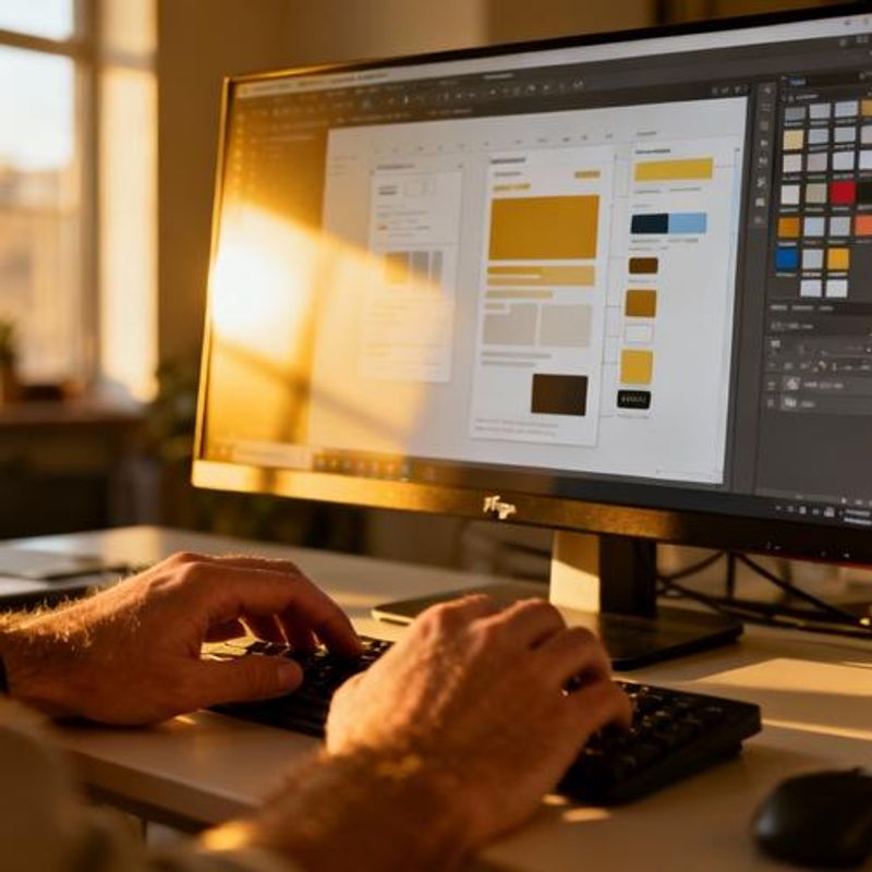 Designer using Figma interface for web design project with component library visible