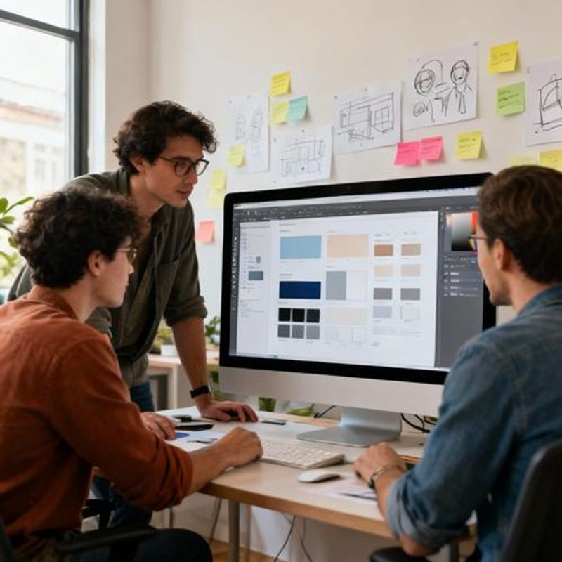 Design team collaborating around computer screen reviewing design system
