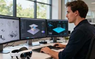 Designer working on spatial interface design for Apple Vision Pro using professional design tools