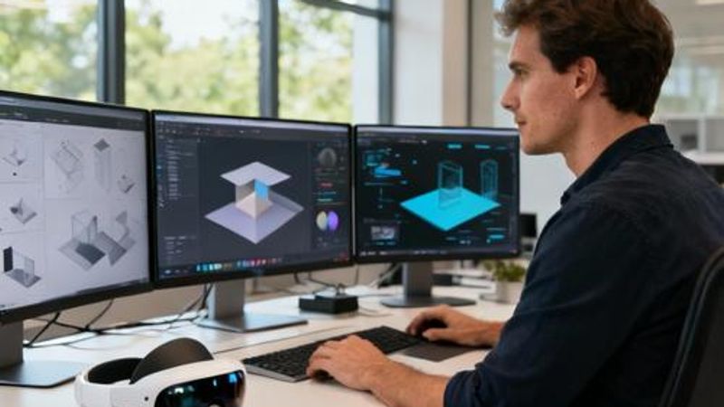 Designer working on spatial interface design for Apple Vision Pro using professional design tools