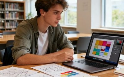 College student using online design tools on laptop in modern library setting