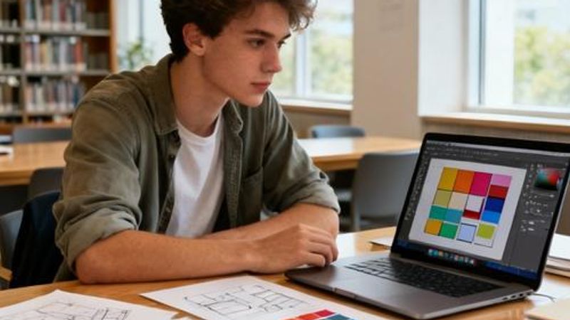 College student using online design tools on laptop in modern library setting