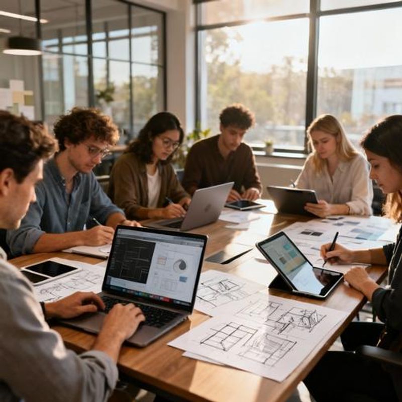 Designer collaborating with team members using design tools on laptops and tablets in a modern office environment