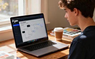 Design student working on user journey mapping template in FigJam on laptop