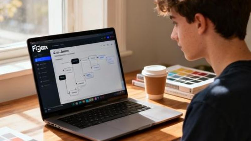 Design student working on user journey mapping template in FigJam on laptop