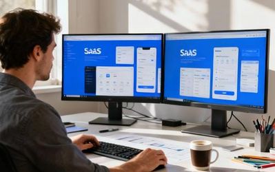 Professional designer working on SaaS product mockups on multiple screens
