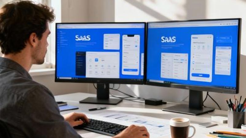 Professional designer working on SaaS product mockups on multiple screens