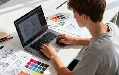 Design student working on laptop with creative tools and sketches on desk