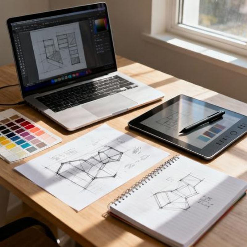 Design student's workspace showing multiple tools and creative process