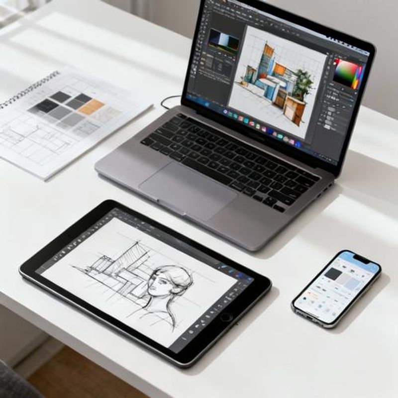 Various digital design tool logos and interfaces arranged on a desk