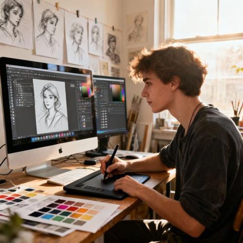 Student creating digital artwork using tablet and stylus with photo editing software