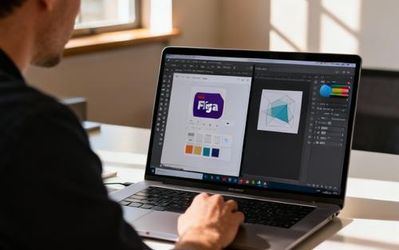 Designer working on laptop comparing Figma and Sketch interfaces side by side