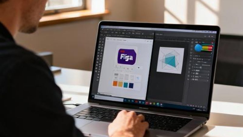 Designer working on laptop comparing Figma and Sketch interfaces side by side