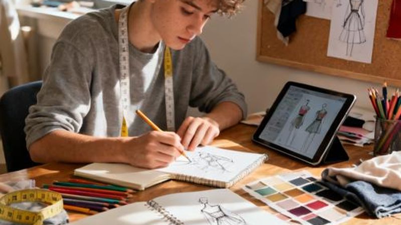 Fashion design student sketching with various design tools on desk