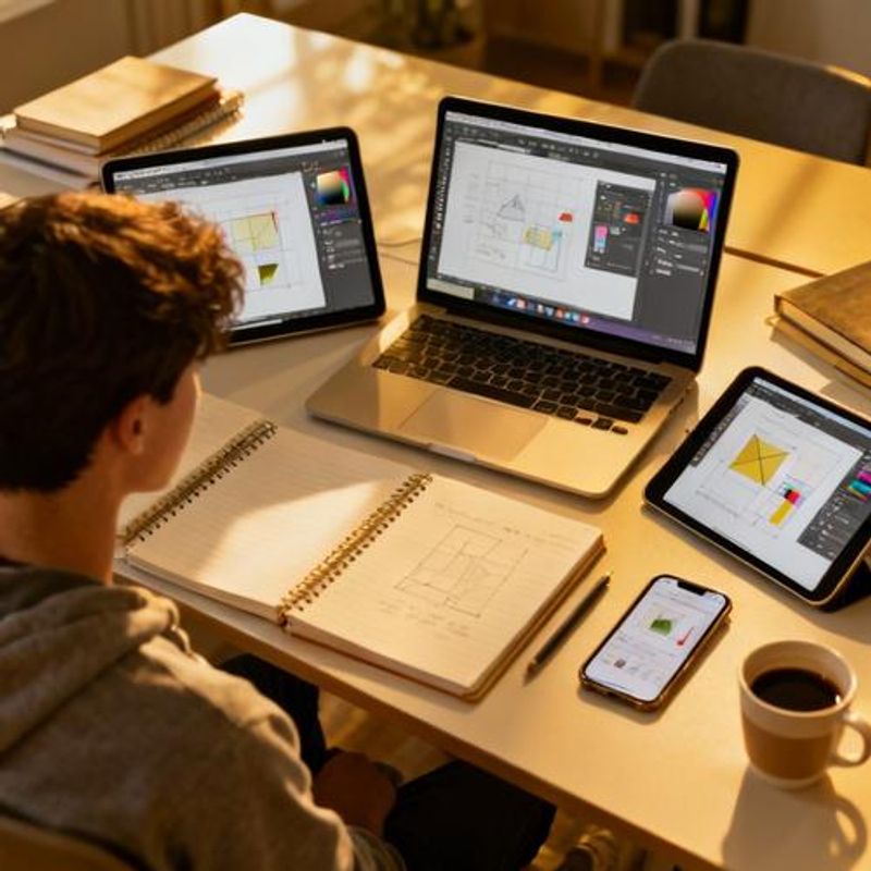 Student comparing different instructional design software interfaces on multiple devices