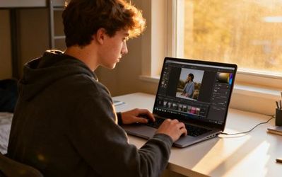 Student working on digital art project using alternative photo editing software on laptop