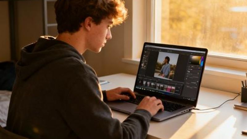 Student working on digital art project using alternative photo editing software on laptop