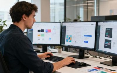 Designer using no-code design tools on multiple screens in modern workspace