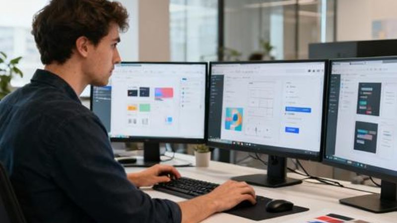 Designer using no-code design tools on multiple screens in modern workspace