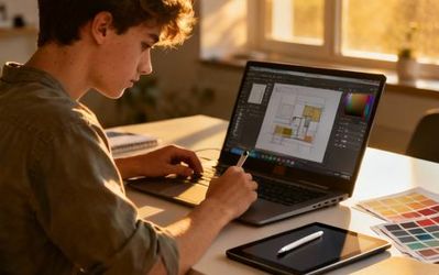 Design student working with multiple design tools on computer and tablet
