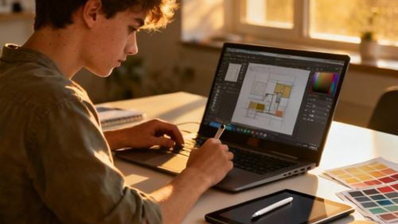 Design student working with multiple design tools on computer and tablet