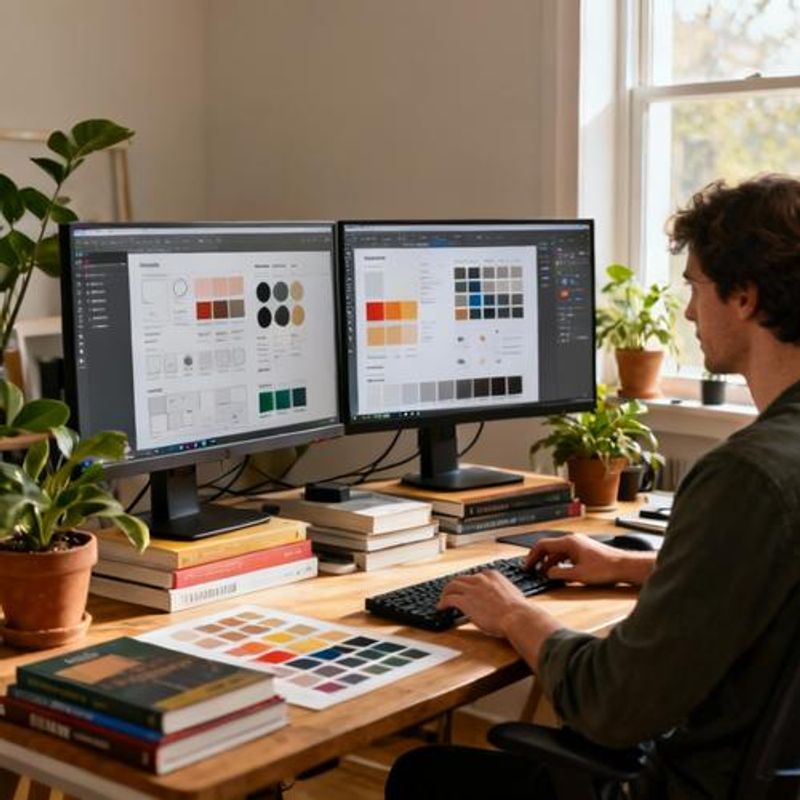 Designer reviewing design system components on multiple screens