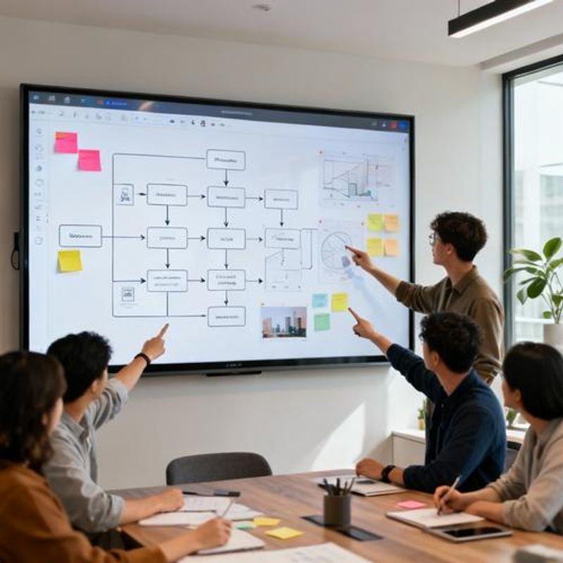 Team workshop session with digital whiteboard displayed on large screen showing design process flow