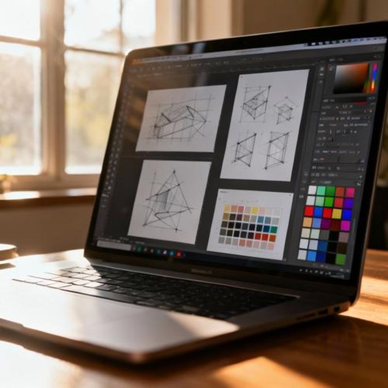 Various AI design tools displayed on laptop screen with design sketches