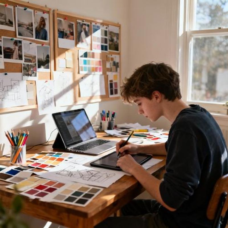 Young design student working on a creative project with multiple design tools and references