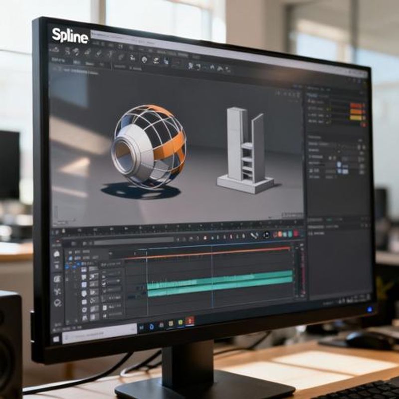 Spline interface showing 3D animation timeline and viewport