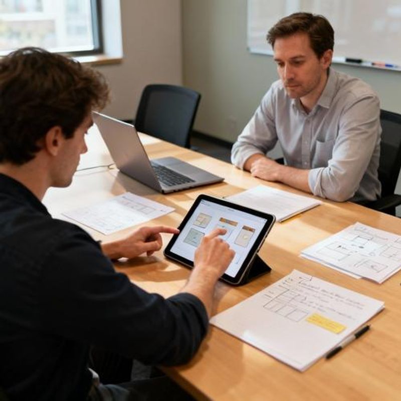 Product manager conducting user testing session with prototype on tablet