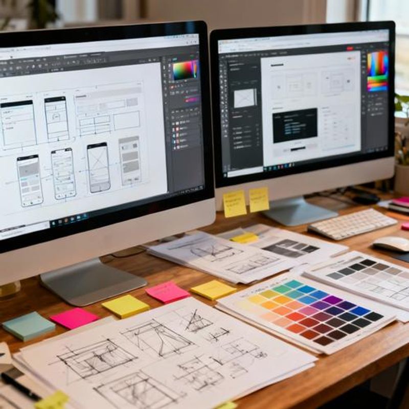 Various web design tools displayed on computer screens including wireframes, prototypes, and design systems