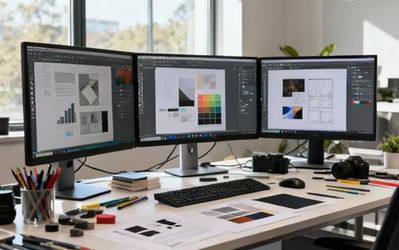 Mid-level designer working with multiple UI design tools on modern workstation setup