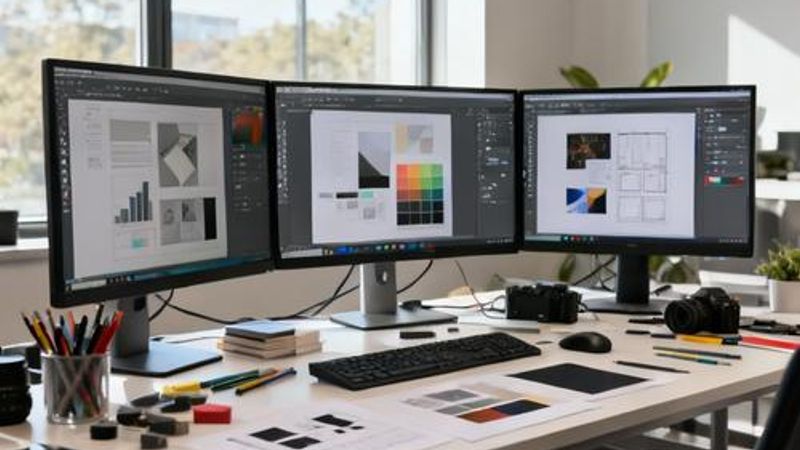Mid-level designer working with multiple UI design tools on modern workstation setup