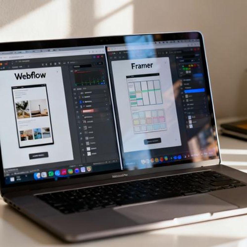 Side by side comparison of Webflow and Framer interfaces on laptop screen